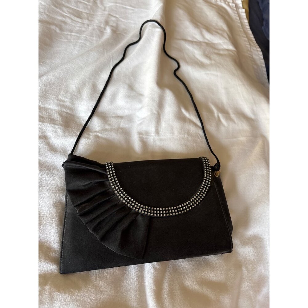 Vintage Black Satin Evening Purse Rhinestone Detailing Ruffled Flap Closure 80s